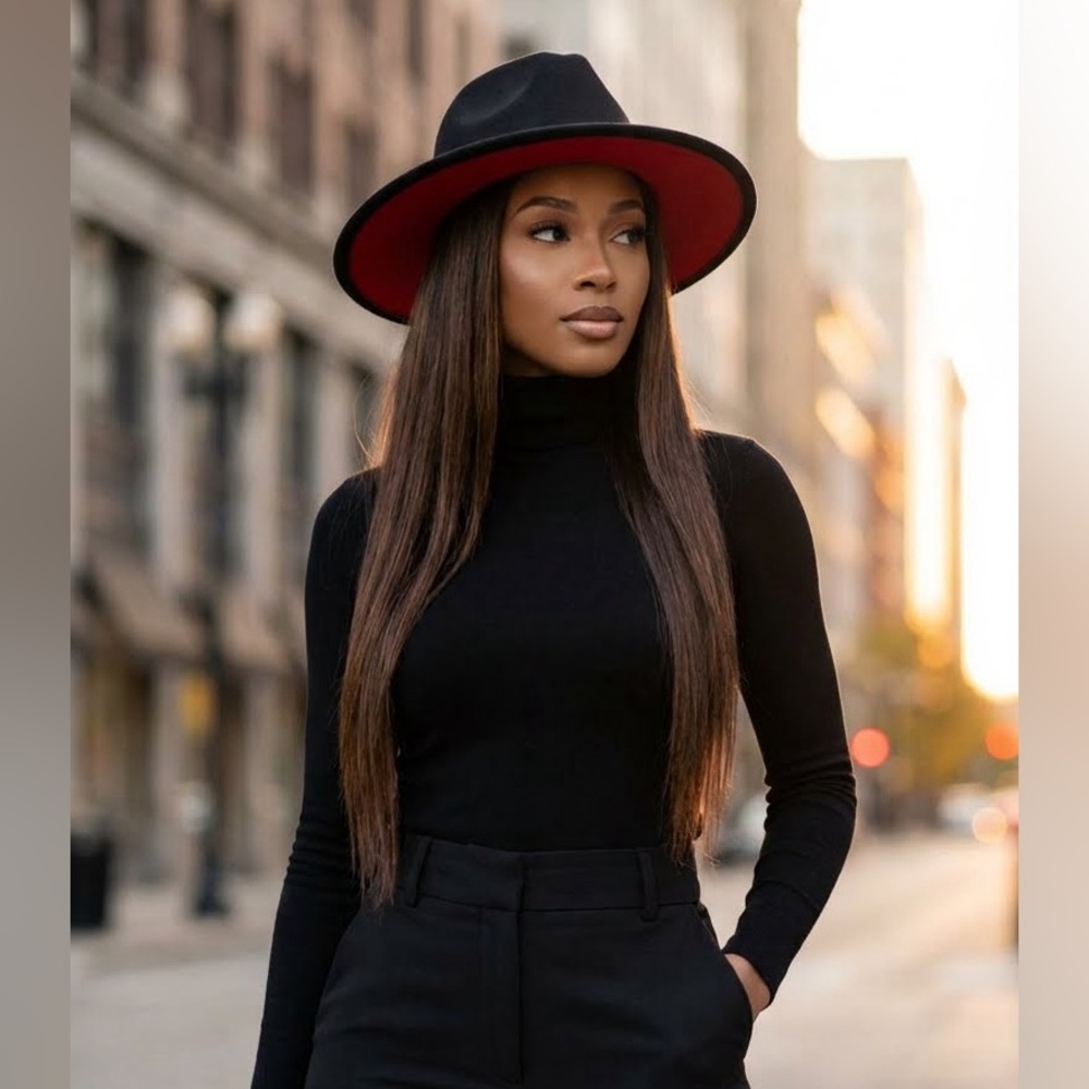Two Color Black + Red Felt Flat Brim Fashion Fedora Hat
